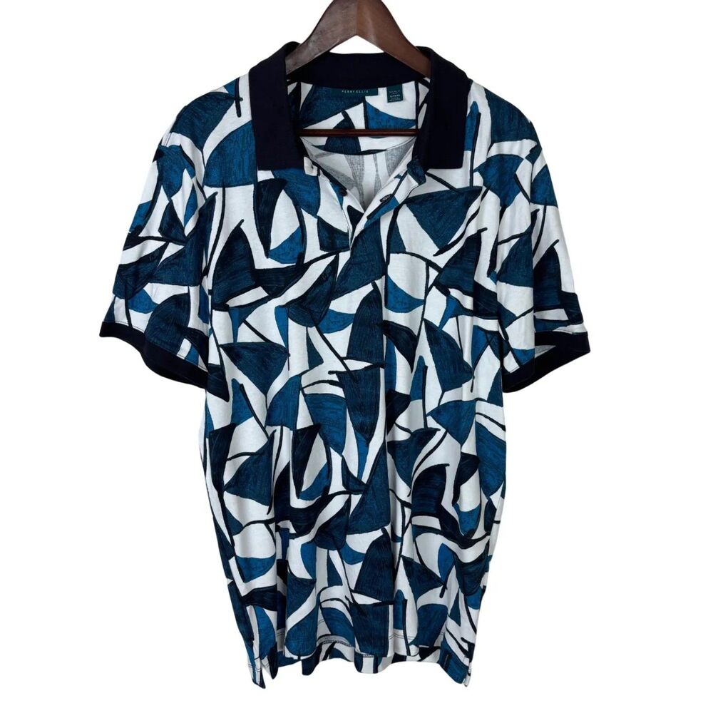 Perry Ellis Blue Teal Print Navy Blue Polo Short Sleeve Shirt Men's XL